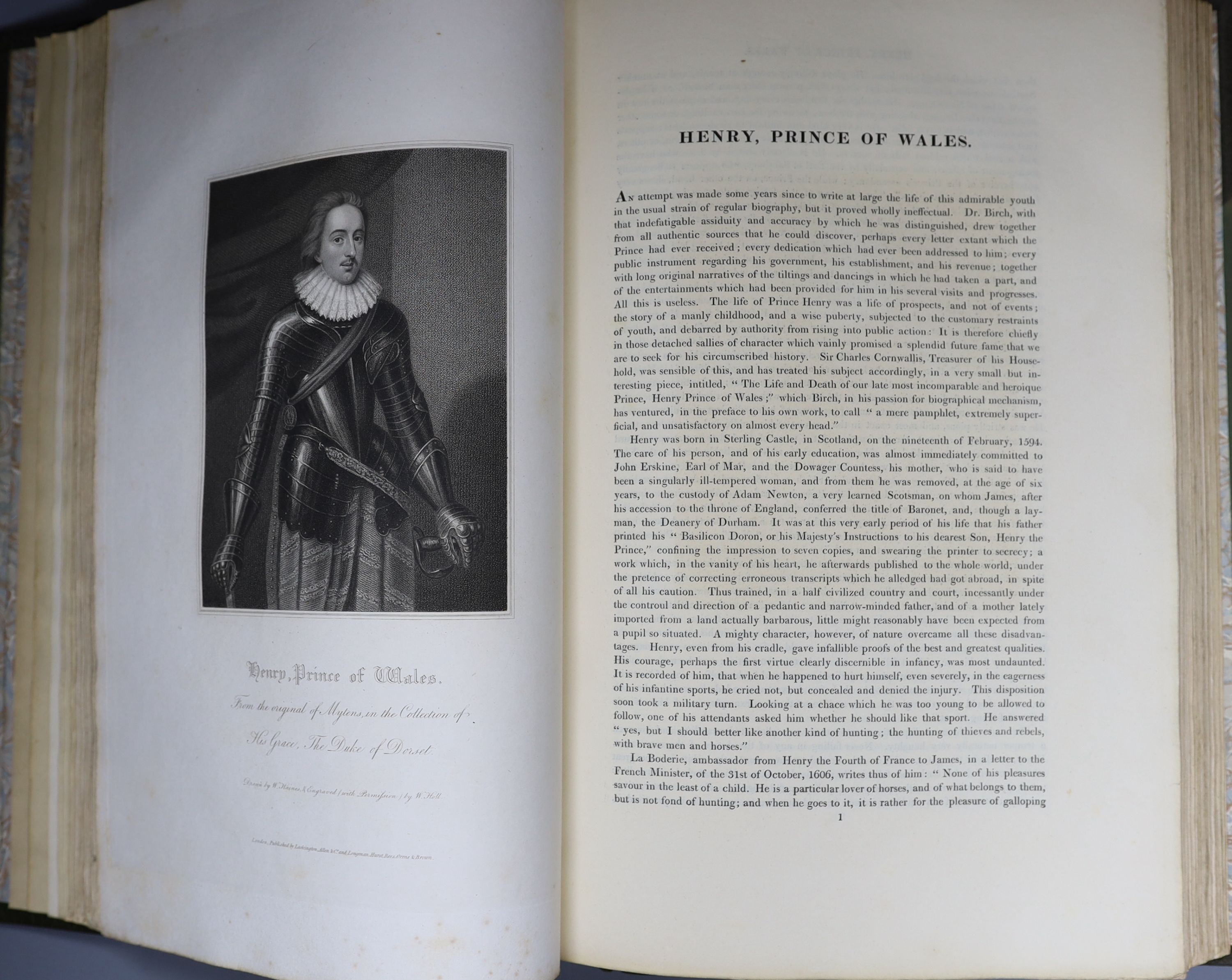 Lodge, Edmund - Portraits of Illustrious Personages of Great Britain ... vols 1 & 2 (of 4). numerous engraved plates, sunbscriber's list, half titles; later green half morocco and cloth, gilt-decorated and lettered panel